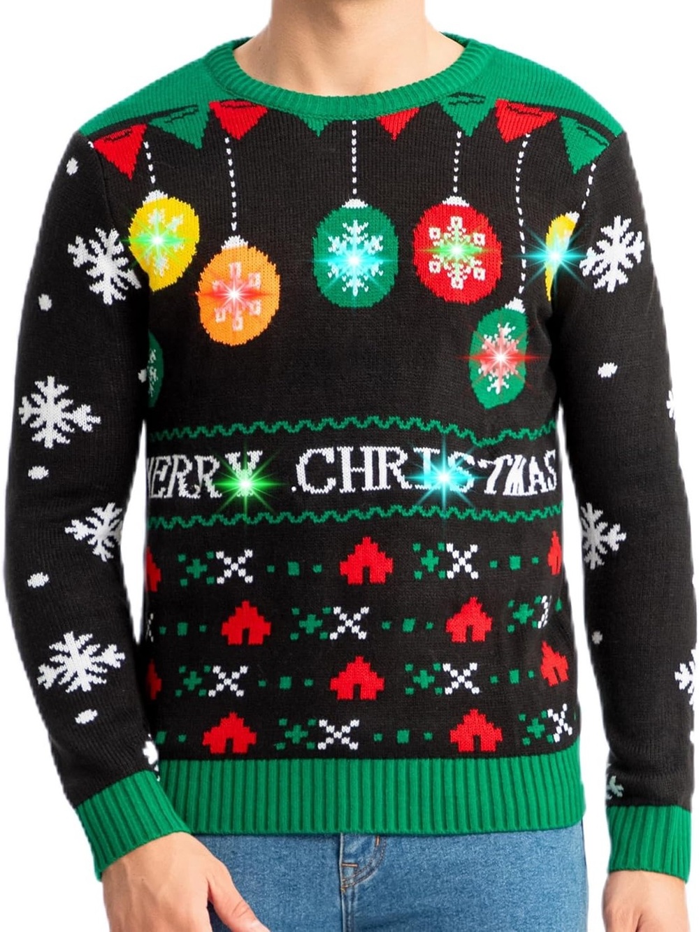 Merry Christmas Light Up Ornament Knit Sweater Green Black Sz M